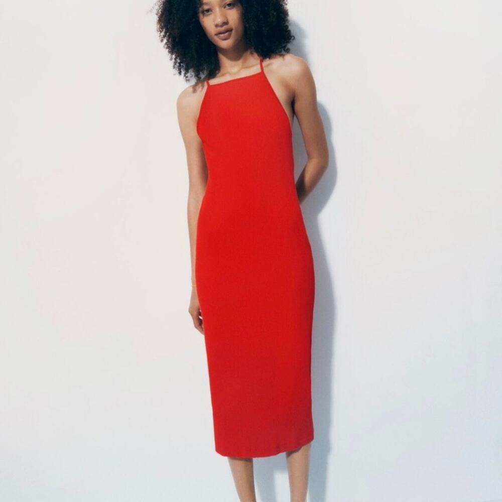 Zara Coral Red Open Back Strappy Midi Dress 5039/631